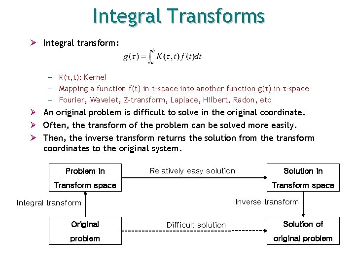 Integral Transforms Ø Integral transform: – K( , t): Kernel – Mapping a function