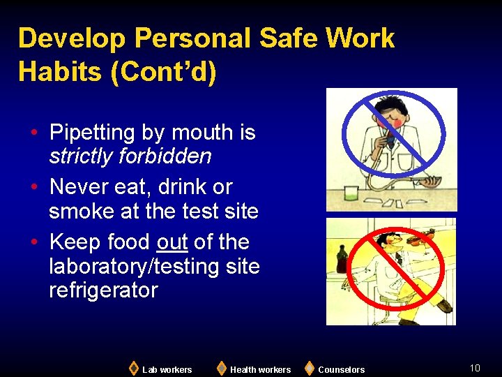 Develop Personal Safe Work Habits (Cont’d) • Pipetting by mouth is strictly forbidden •