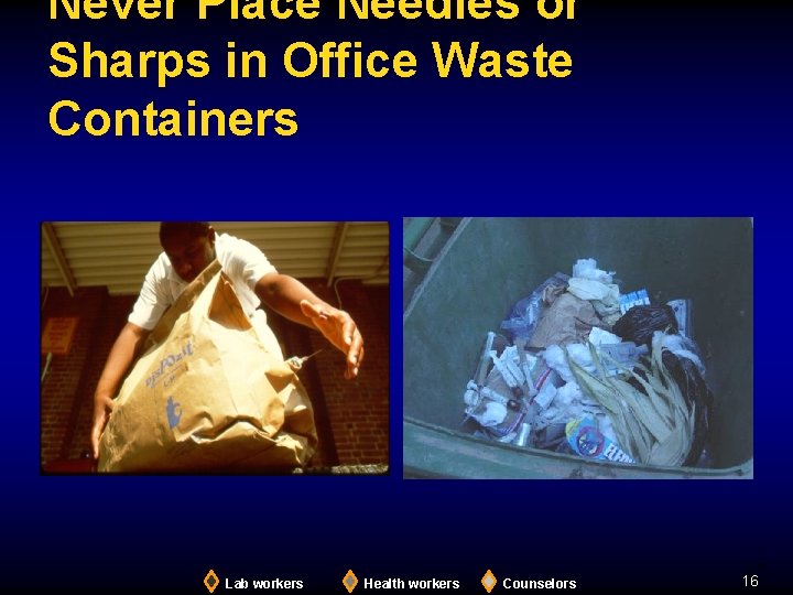 Never Place Needles or Sharps in Office Waste Containers 2. 4 Lab workers Health