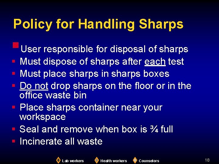 Policy for Handling Sharps §User responsible for disposal of sharps § Must dispose of