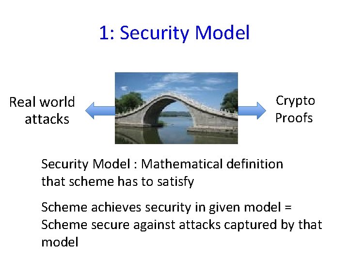 1: Security Model Real world attacks Crypto Proofs Security Model : Mathematical definition that