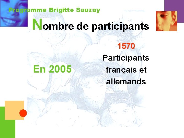 Programme Brigitte Sauzay Nombre de participants En 2005 1570 Participants français et allemands 