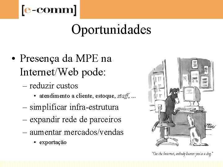 Oportunidades • Presença da MPE na Internet/Web pode: – reduzir custos • atendimento a