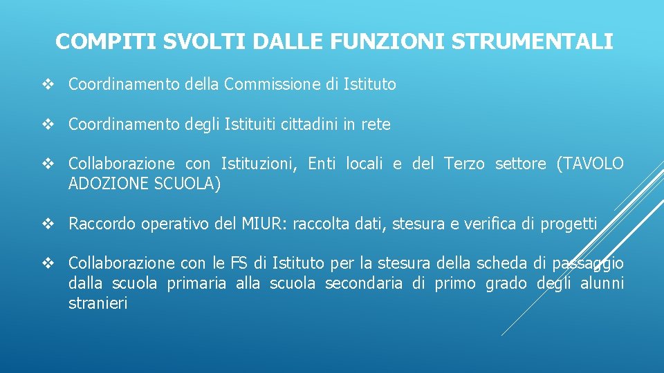 COMPITI SVOLTI DALLE FUNZIONI STRUMENTALI Coordinamento della Commissione di Istituto Coordinamento degli Istituiti cittadini