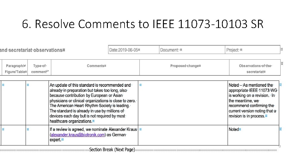 6. Resolve Comments to IEEE 11073 -10103 SR • Proposed Response • As noted
