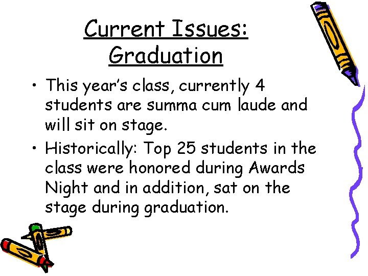 Current Issues: Graduation • This year’s class, currently 4 students are summa cum laude