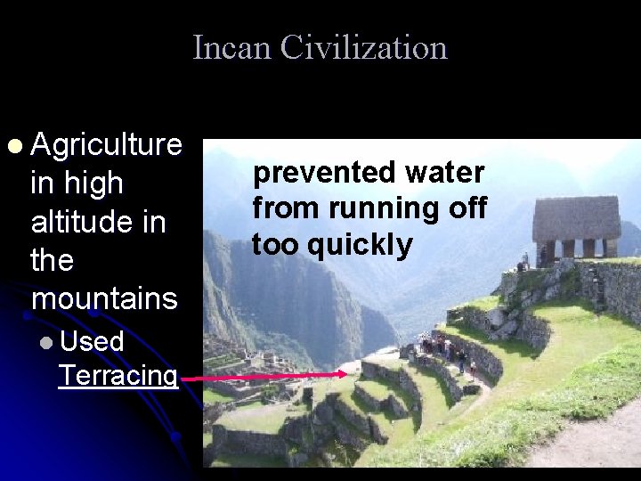 Incan Civilization l Agriculture in high altitude in the mountains l Used Terracing prevented