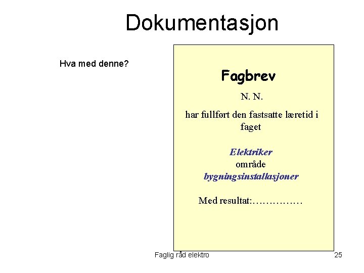 Dokumentasjon Hva med denne? Fagbrev N. N. har fullført den fastsatte læretid i faget