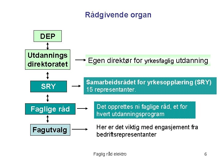 Rådgivende organ DEP Utdannings direktoratet Egen direktør for yrkesfaglig utdanning SRY Samarbeidsrådet for yrkesopplæring