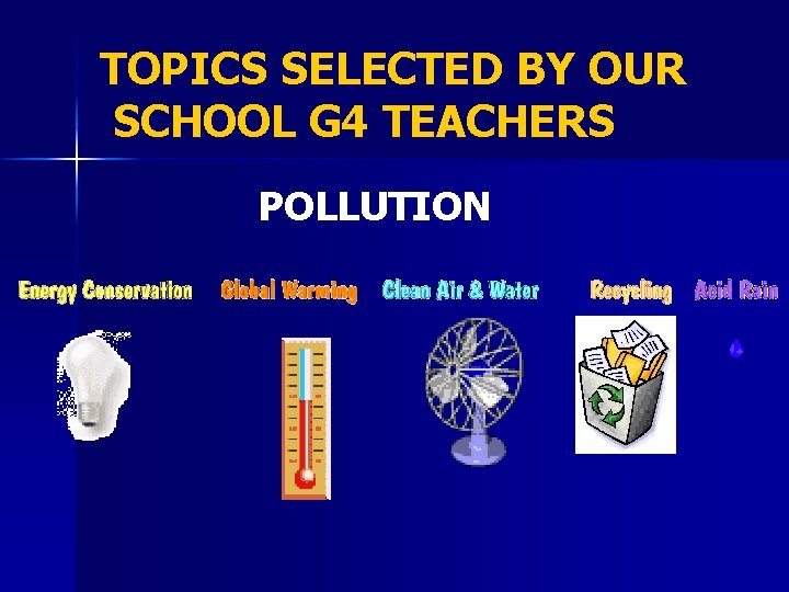 TOPICS SELECTED BY OUR SCHOOL G 4 TEACHERS POLLUTION 