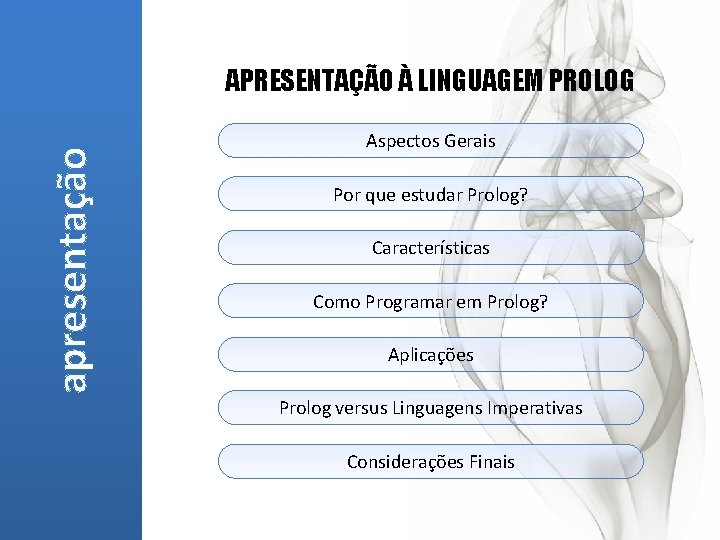 apresentação APRESENTAÇÃO À LINGUAGEM PROLOG Aspectos Gerais Por que estudar Prolog? Características Como Programar