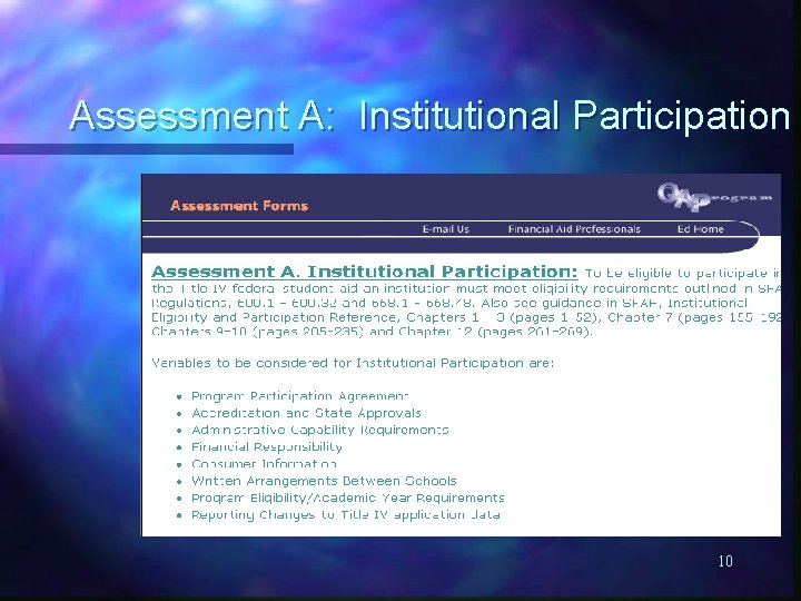 Assessment A: Institutional Participation 10 