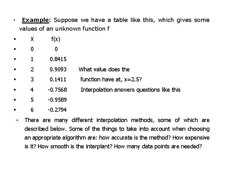 Example: Suppose we have a table like this, which gives some • values of