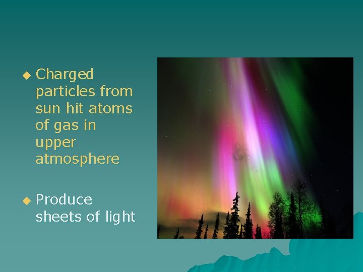 u u Charged particles from sun hit atoms of gas in upper atmosphere Produce