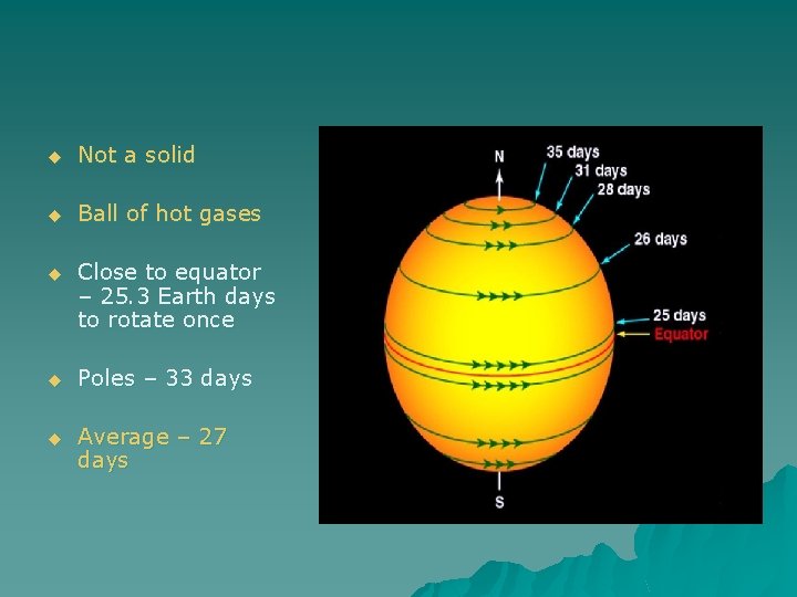 u Not a solid u Ball of hot gases u Close to equator –