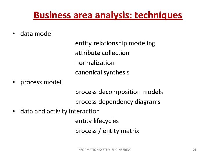 Business area analysis: techniques • data model entity relationship modeling attribute collection normalization canonical
