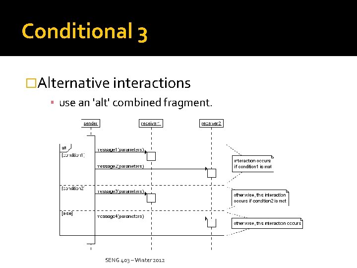 Conditional 3 �Alternative interactions ▪ use an 'alt' combined fragment. SENG 403 – Winter