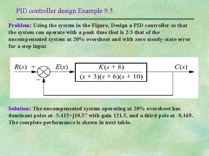 PID controller design Example 9. 5 Problem: Using the system in the Figure, Design