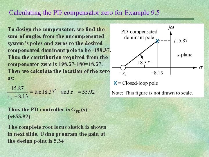 Calculating the PD compensator zero for Example 9. 5 To design the compensator, we