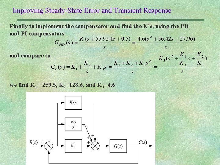 Improving Steady-State Error and Transient Response Finally to implement the compensator and find the