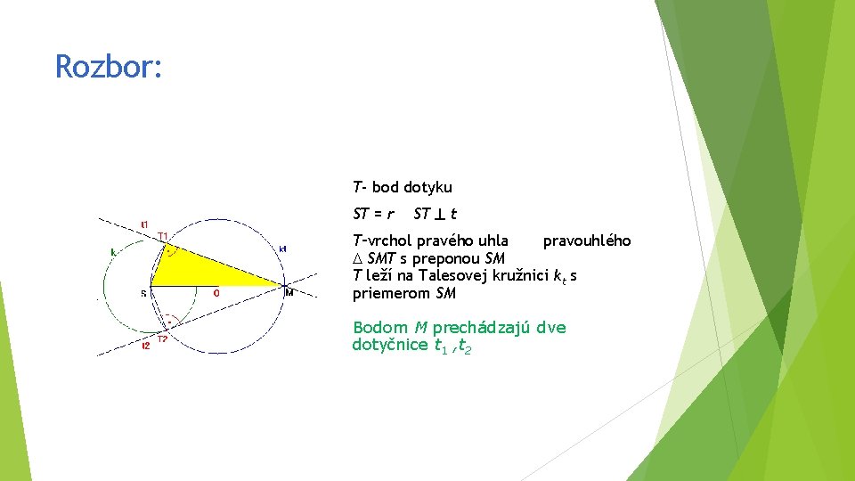 Rozbor: T- bod dotyku ST = r ST t T–vrchol pravého uhla pravouhlého SMT
