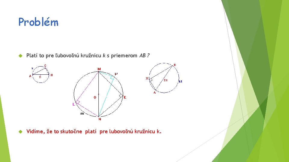 Problém Platí to pre ľubovoľnú kružnicu k s priemerom AB ? Vidíme, že to