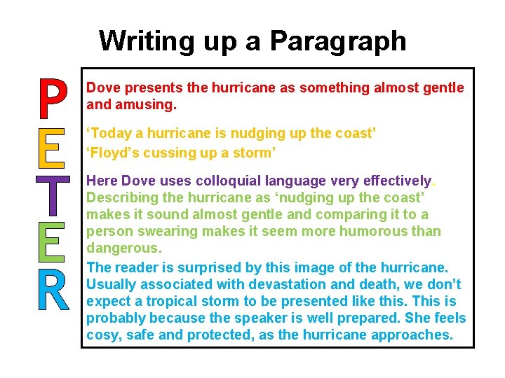 Writing up a Paragraph P E T E R Dove presents the hurricane as