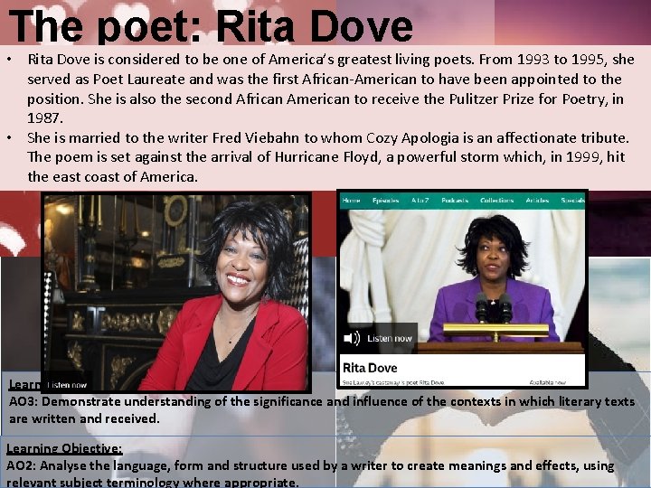 The poet: Rita Dove • Rita Dove is considered to be one of America’s
