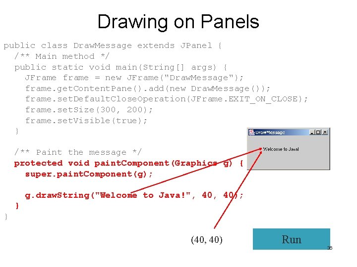 Drawing on Panels public class Draw. Message extends JPanel { /** Main method */ Drawing on Panels public class Draw. Message extends JPanel { /** Main method */