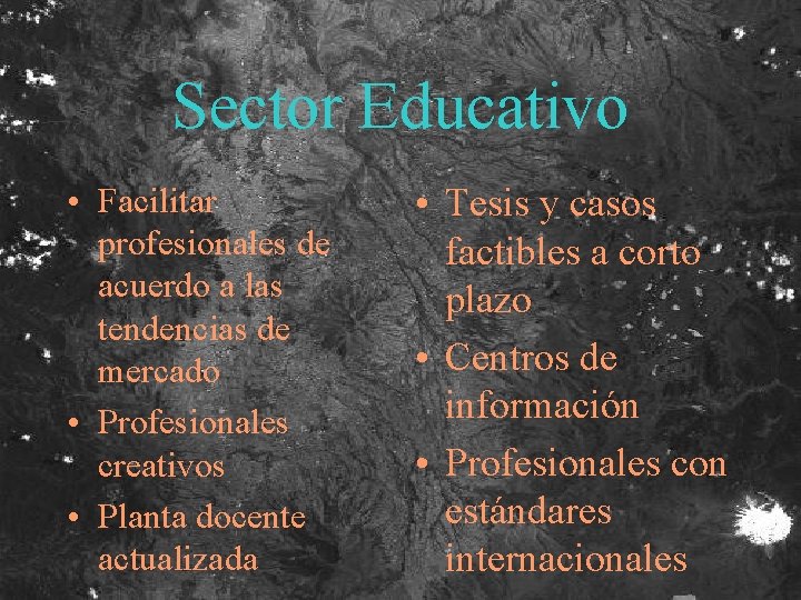 Sector Educativo • Facilitar profesionales de acuerdo a las tendencias de mercado • Profesionales