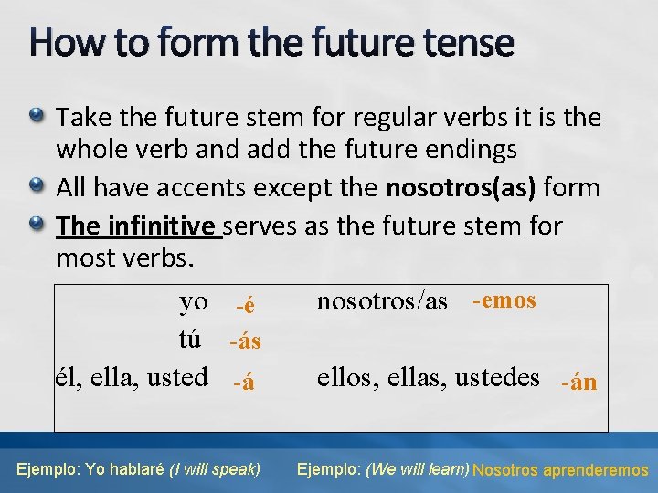 How to form the future tense Take the future stem for regular verbs it