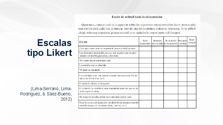 Escalas tipo Likert (Lima-Serrano, Lima. Rodríguez, & Sáez-Bueno, 2012) 