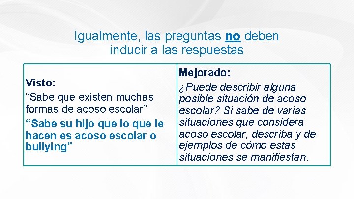 Igualmente, las preguntas no deben inducir a las respuestas Visto: “Sabe que existen muchas