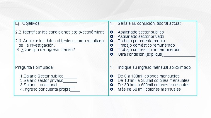 Ej. , Objetivos 1. Señale su condición laboral actual: 2. 2. Identificar las condiciones