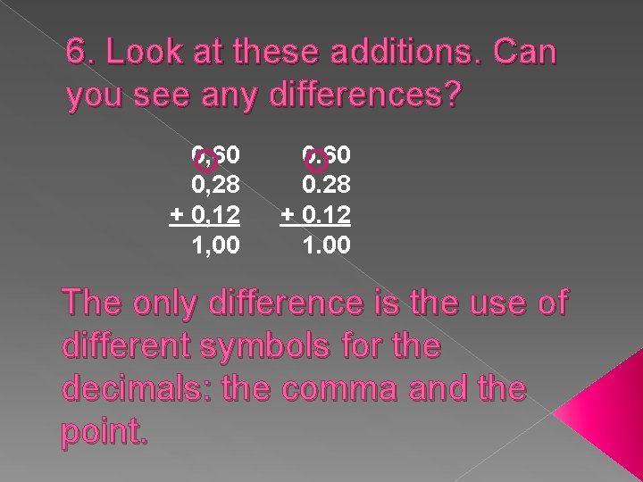 6. Look at these additions. Can you see any differences? 0, 60 0, 28
