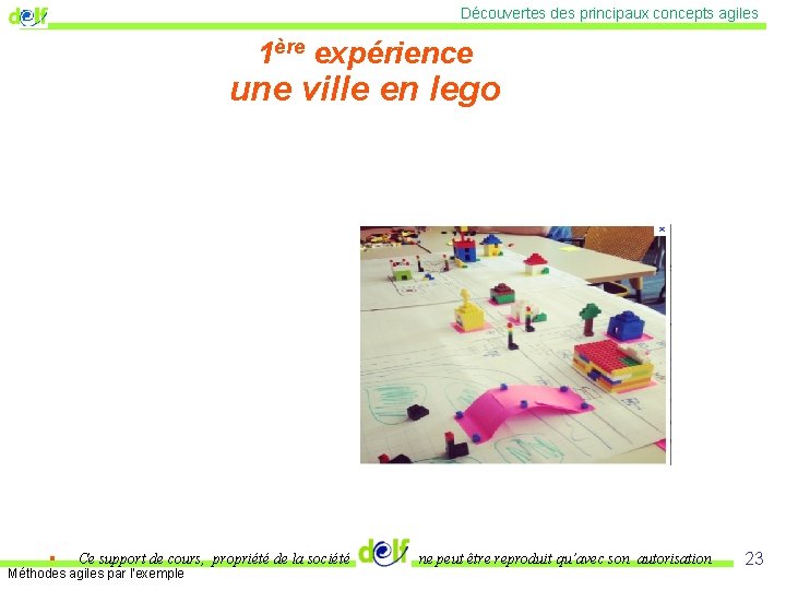 Découvertes des principaux concepts agiles 1ère expérience une ville en lego § Ce support