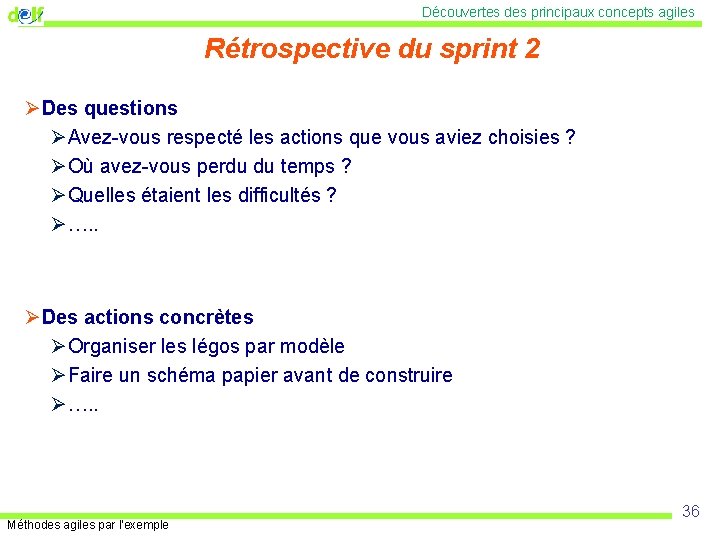 Découvertes des principaux concepts agiles Rétrospective du sprint 2 ØDes questions ØAvez-vous respecté les