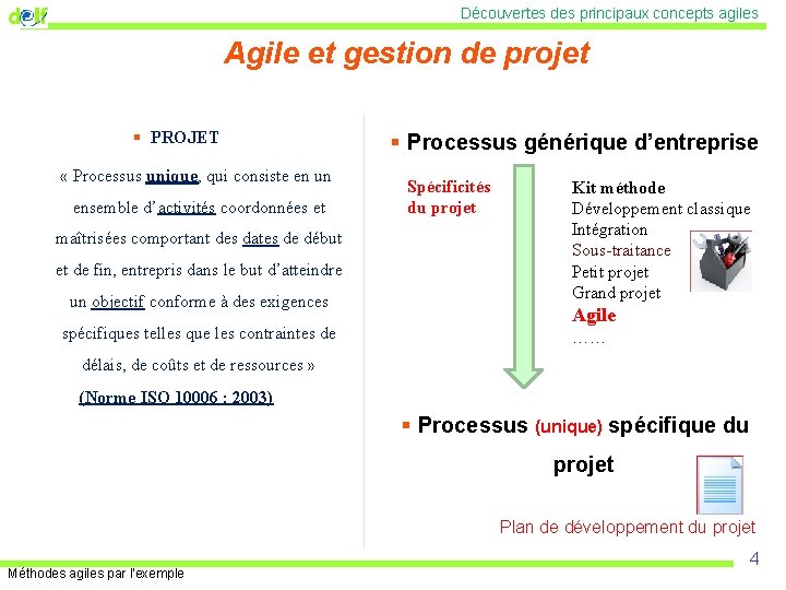 Découvertes des principaux concepts agiles Agile et gestion de projet § PROJET « Processus