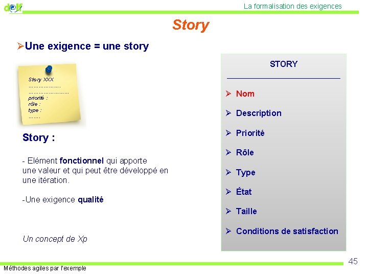 La formalisation des exigences Story ØUne exigence = une story Story XXX ……………… priorité