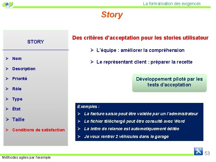 La formalisation des exigences Story STORY _____________ Ø Nom Des critères d’acceptation pour les