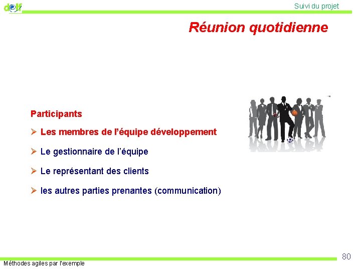 Suivi du projet Réunion quotidienne Participants Ø Les membres de l’équipe développement Ø Le