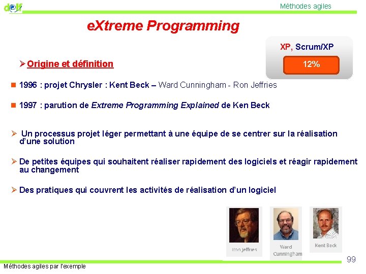 Méthodes agiles e. Xtreme Programming XP, Scrum/XP ØOrigine et définition 12% n 1996 :
