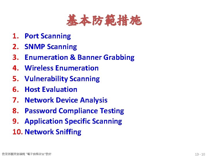 基本防範措施 1. Port Scanning 2. SNMP Scanning 3. Enumeration & Banner Grabbing 4. Wireless