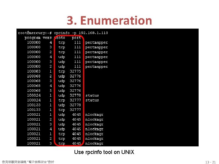 3. Enumeration Use rpcinfo tool on UNIX 教育部顧問室編輯 “電子商務安全”教材 13 - 21 