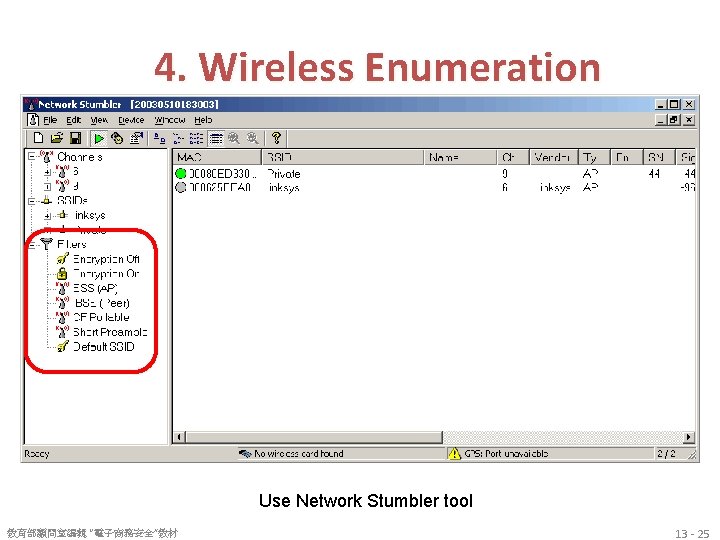 4. Wireless Enumeration Use Network Stumbler tool 教育部顧問室編輯 “電子商務安全”教材 13 - 25 