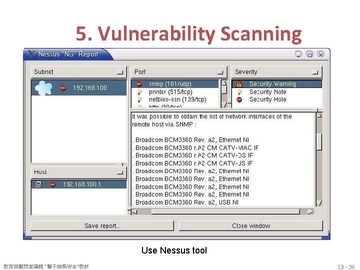 5. Vulnerability Scanning Use Nessus tool 教育部顧問室編輯 “電子商務安全”教材 13 - 26 