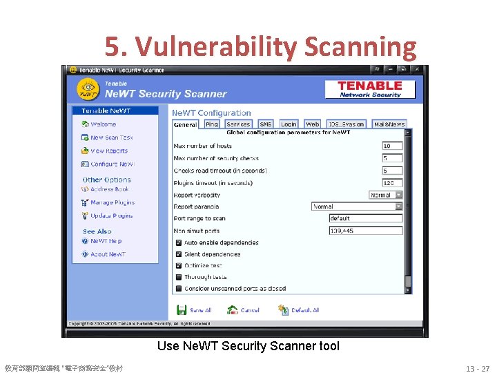 5. Vulnerability Scanning Use Ne. WT Security Scanner tool 教育部顧問室編輯 “電子商務安全”教材 13 - 27