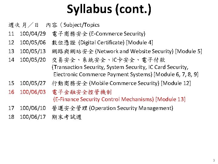 Syllabus (cont. ) 週次 月／日 內容（Subject/Topics 11 100/04/29 電子商務安全 (E-Commerce Security) 12 100/05/06 數位憑證