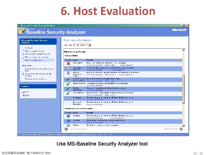 6. Host Evaluation Use MS-Baseline Security Analyzer tool 教育部顧問室編輯 “電子商務安全”教材 13 - 31 