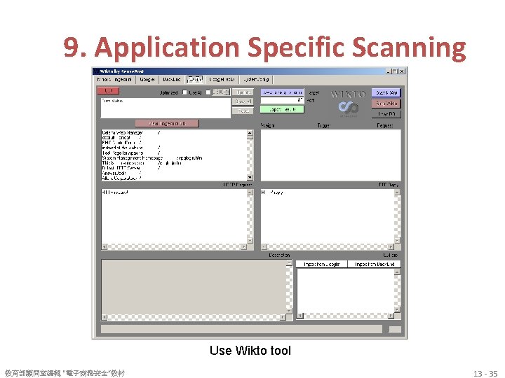 9. Application Specific Scanning Use Wikto tool 教育部顧問室編輯 “電子商務安全”教材 13 - 35 